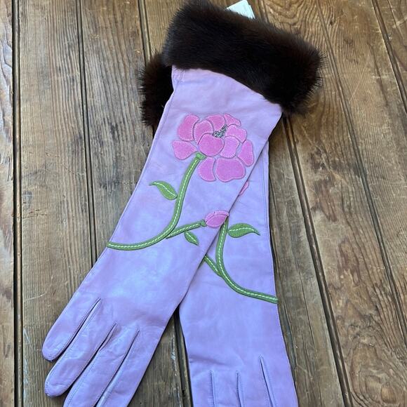 Vintage Coach long leather and mink gloves flower motif NWT - Picture 1 of 10